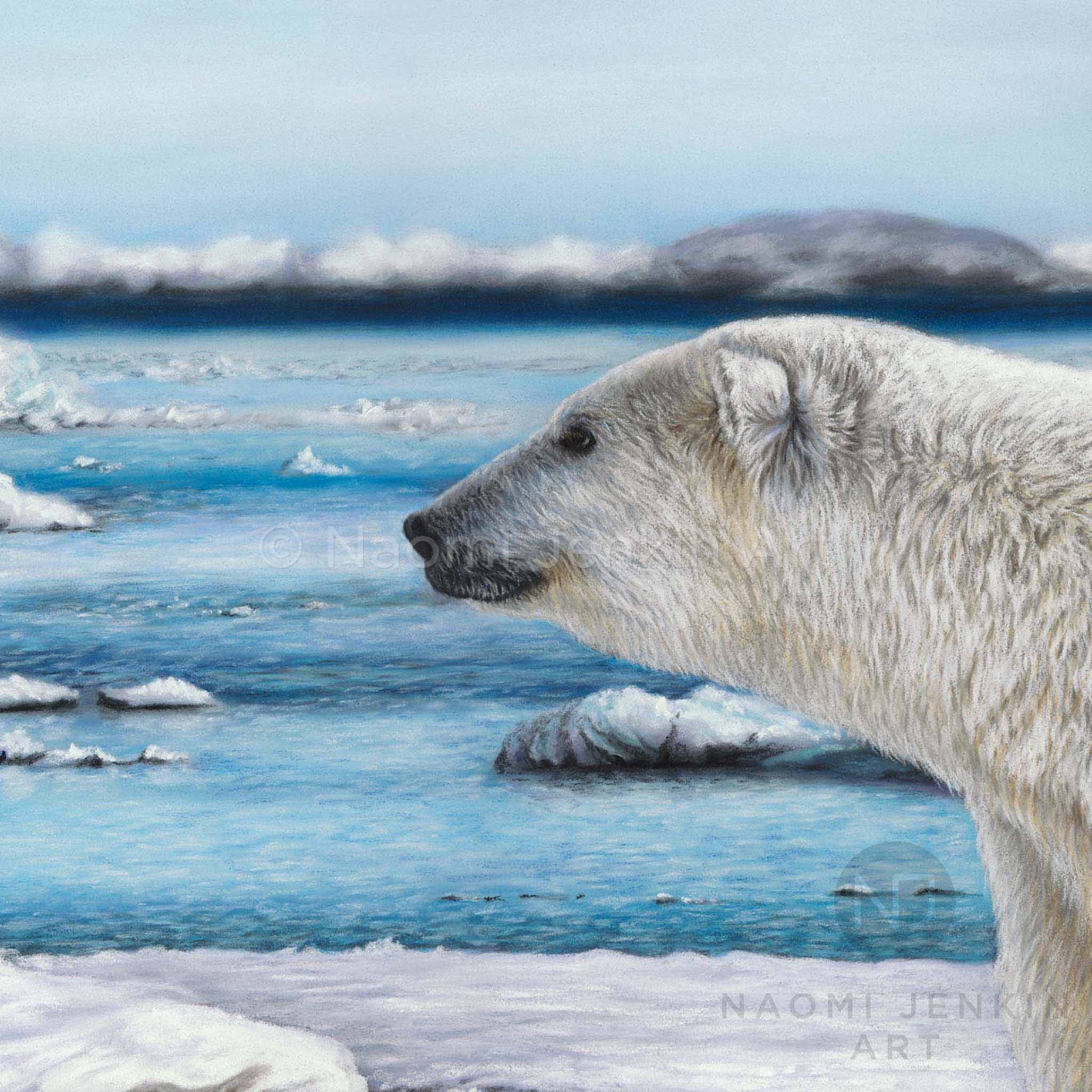 Close up of a polar bear mum from polar bear print 'On Thin Ice' by artist Naomi Jenkin