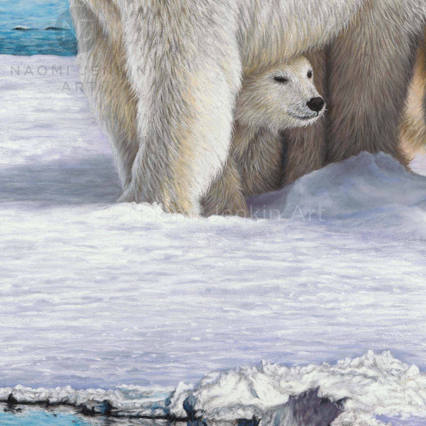 Close up of a polar bear cub from the print 'On Thin Ice' by wildlife artist Naomi Jenkin