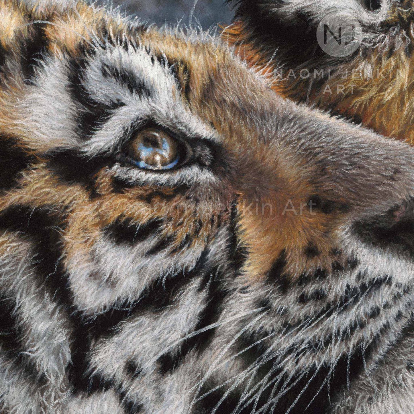 Close up tiger face painting from the print 'Tigers of the Taiga' by Naomi Jenkin