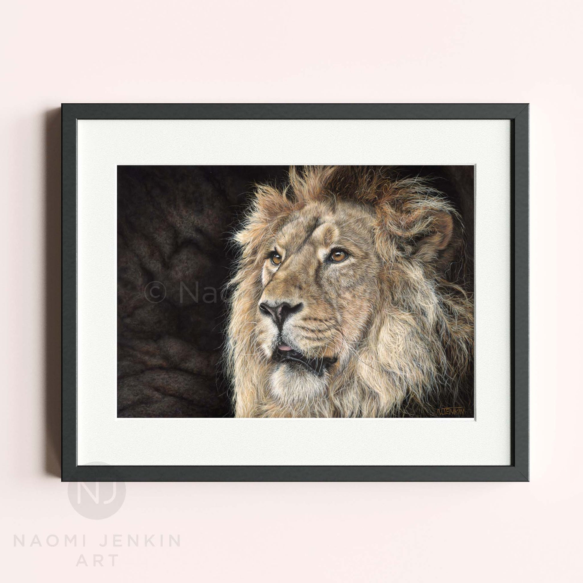 Framed lion art print by wildlife artist Naomi Jenkin
