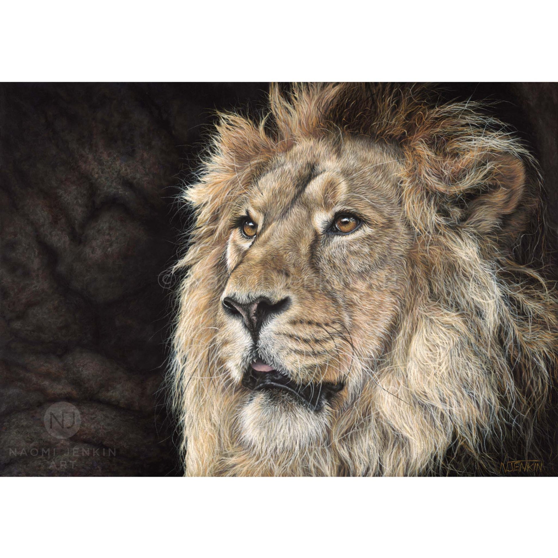 Original lion painting 'Watchful Eyes' by wildlife artist Naomi Jenkin